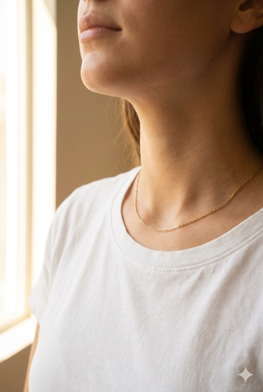 Woman wearing The Solstice Chain gold necklace